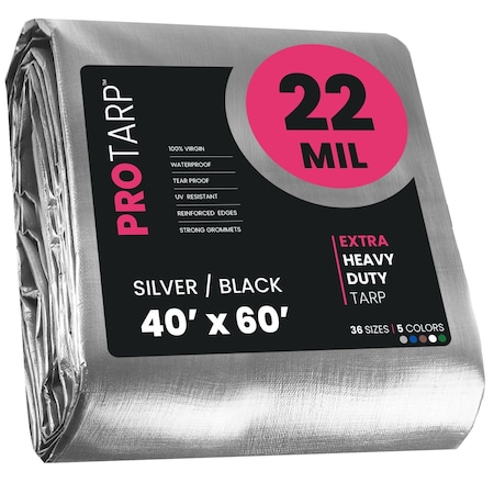Protarp Heavy Duty Tarp, 40 ft x 60 ft, 22 Mil, Silver/Black, Polyethylene, Waterproof, Rip and Tear Proof PT-201-40X60